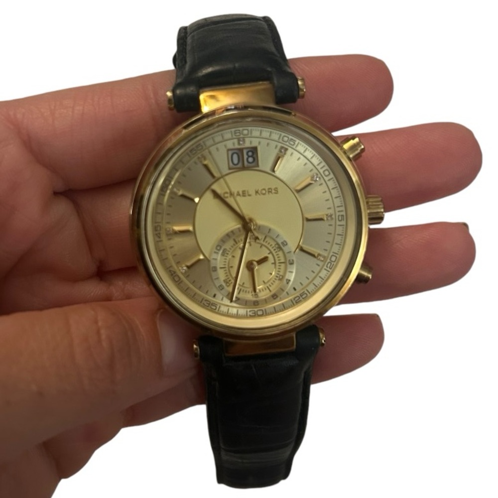 Michael Kors Sawyer Champagne Dial Black Leather Strap Watch For Women - MK2433